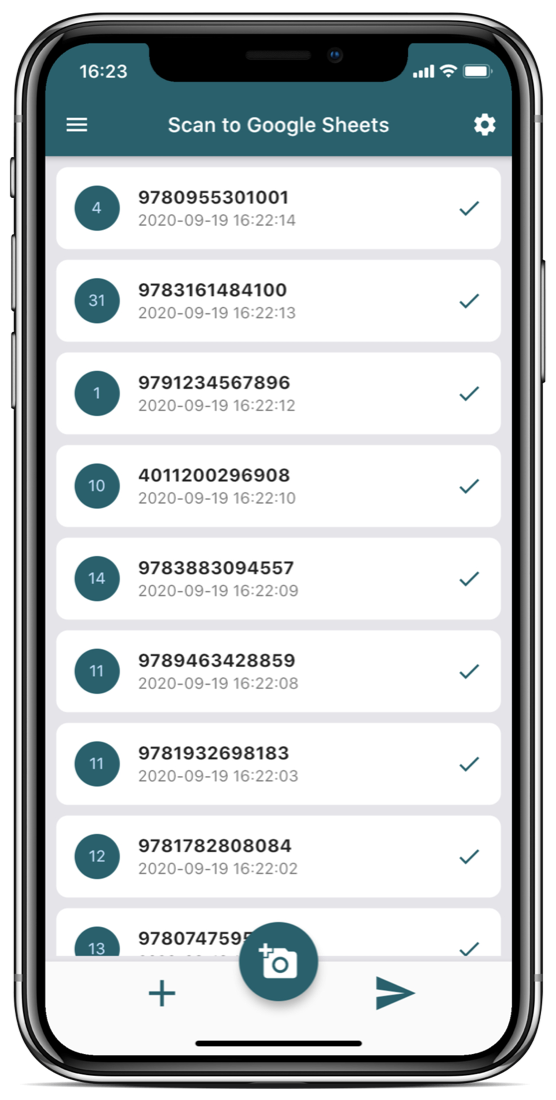 Scan to Sheets showing a list of scanned barcodes, each ticked after syncing to the spreadsheet